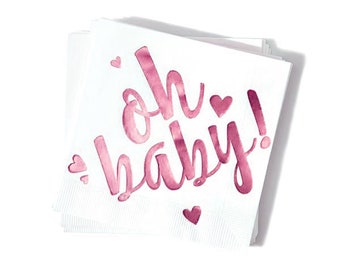 Baby Shower Napkins - Oh Baby! -Foil Stamped Cocktail Napkins - Pack of 20 or 50, Shiny Rose Print