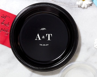 Personalized Monogram Party Plates - Contemporary Leaf Monogram - 10 inch Dinner, Lunch, Custom Wedding Printed Paper or Plastic Plates