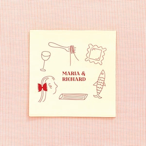 Pasta Party Hand Drawn Napkin  - Personalized Custom Printed Cocktail Napkin, Disco Party, Destination Bachelorette, Bridal Shower