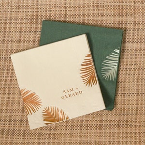 Elegant Palm Leaf Names Napkin - Personalized Party Napkins - Cocktail Napkin, Foil Stamped Napkin, Party Decoration, Bridal Shower, Wedding