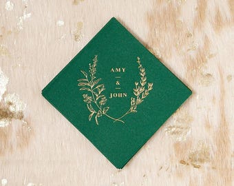 Personalized Wedding Cocktail Napkin - Floral Names - customized, Foil Stamped, Linen Like Party Napkins, Wedding and Bridal Shower Decor