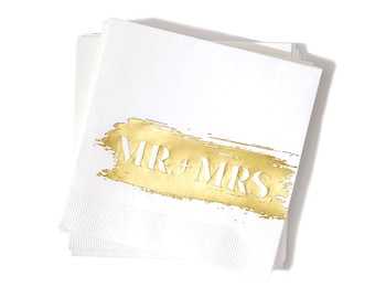 Serviettes de table de mariage - Mr + Mme Brushstroke - serviettes pour boissons - lot de 20 ou 50 - fête de fiançailles, douche nuptiale, réception de mariage
