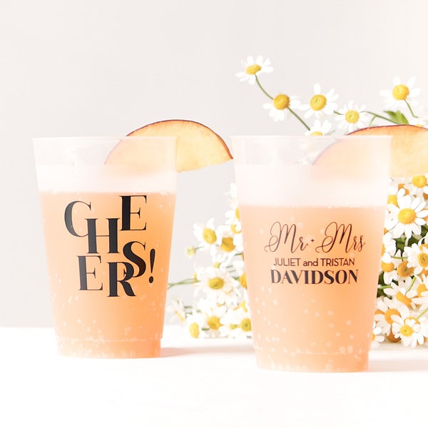 Mr & Mrs Cheers Frost Flex Personalized Cups - double sided custom printed cups- 12 0Z, Party Favors, Personalized Cups, Engagement, Wedding