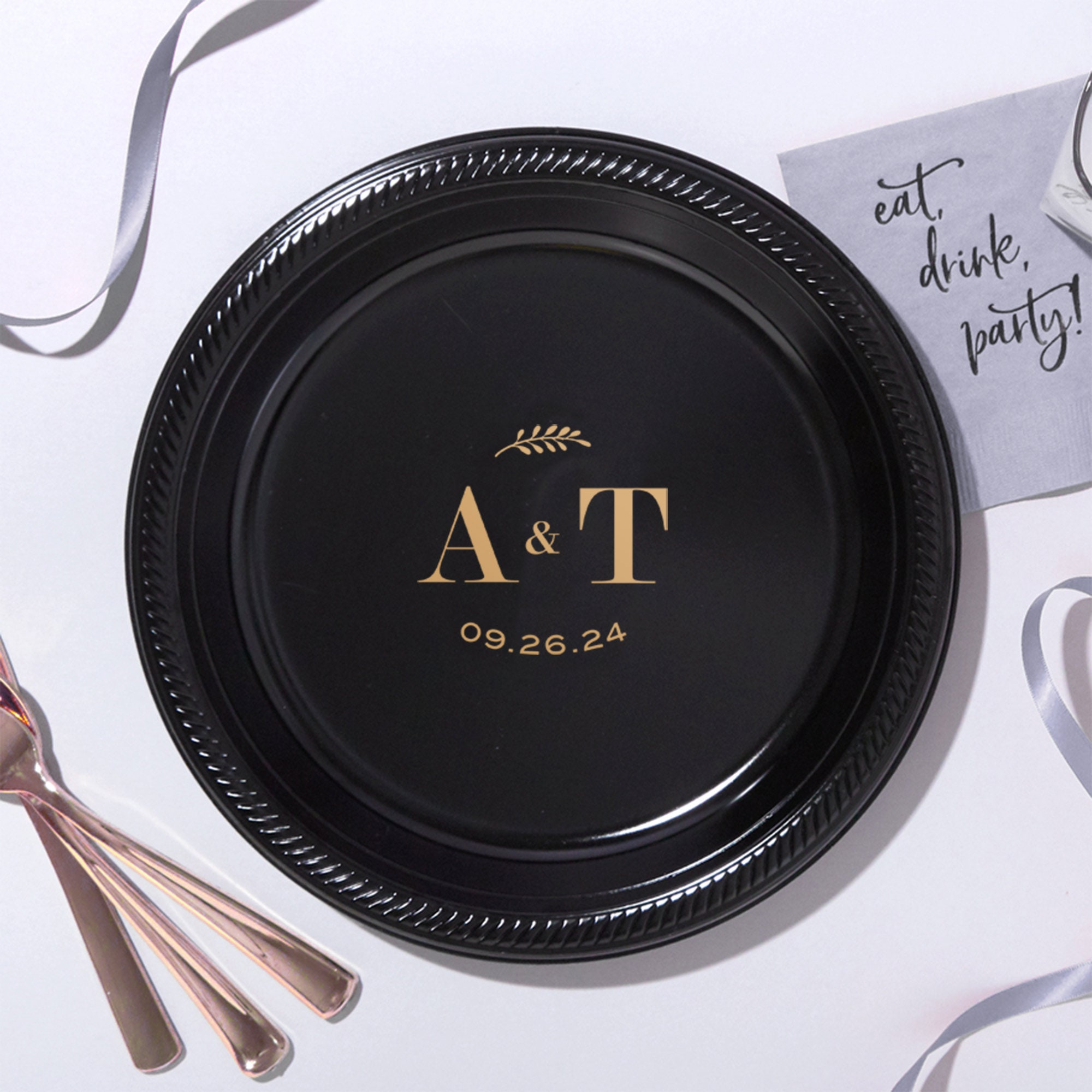 Personalized Monogram Party Plates Contemporary Leaf Monogram 10 inch Dinner Lunch Custom Wedding Printed Paper or Plastic