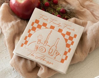 Food, Family, Friends Checkered Napkin - Personalized Cocktail Napkin - Foil Stamped, Linen Like Party Napkins, Dinner Party, Thanksgiving