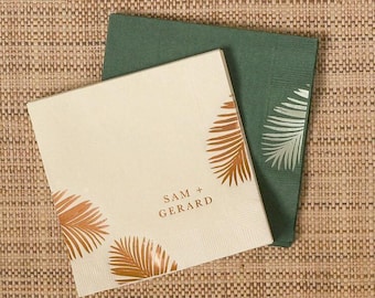Elegant Palm Leaf Names Napkin - Personalized Party Napkins - Cocktail Napkin, Foil Stamped Napkin, Party Decoration, Bridal Shower, Wedding