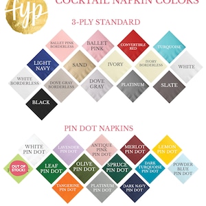 The image is a 3-panel color chart for cocktail napkins, displaying various napkin colors and their corresponding pin dot patterns.