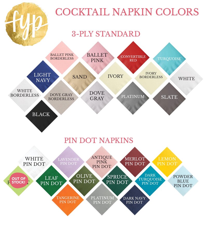 The image is a 3-panel color chart for cocktail napkins, displaying various napkin colors and their corresponding pin dot patterns.