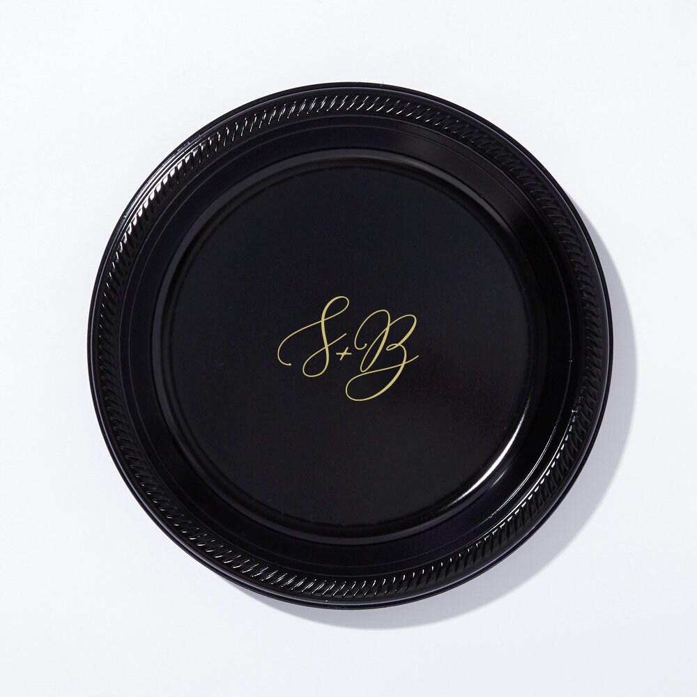 Custom Printed Plates - Delicate Script Initials party plates - Dessert, Appetizer, 7 inch, Plastic, Wedding, Anniversary, Shower