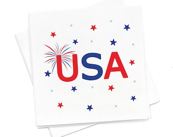 USA Cocktail Napkins – 3-Ply Red & Blue Fireworks, Patriotic 4th of July Party Supplies, Beverage Napkins, Summer BBQ Picnic, Pack of 20