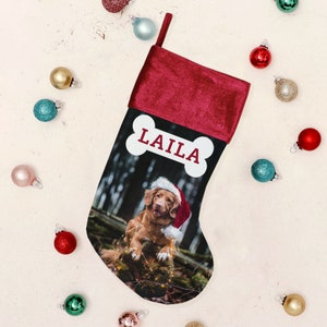 Custom Dog Photo Christmas Stocking - Personalized Pet Holiday Decor, Puppy with Bone Stocking