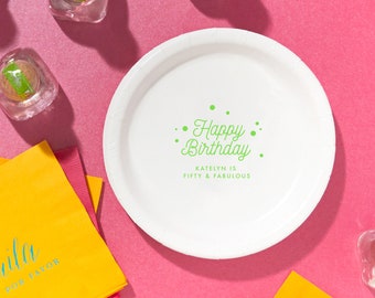 Custom Printed Party Plates - Happy Birthday Confetti - Dessert, Appetizer, 7 inch, Paper or Plastic, Birthday, Surprise Party, Milestone