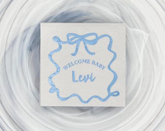 Custom Printed Ribbon Frame Welcome Baby Napkins - Personalized Beverage Napkins - Foil Printed Linen Like Party Napkins, Baby Shower
