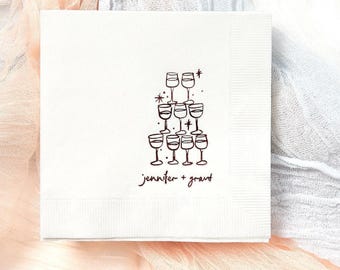 Personalized Champagne Toast Party Napkins - Customized Kitschy Pyramid Cocktail Hour, Wedding, Anniversary, Bridal Shower, Birthday Party