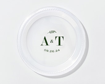 Custom Printed Plates - Contemporary Leaf Monogram party plates - Dessert, Appetizer, 7 inch, Paper or Plastic, Wedding, Anniversary, Shower