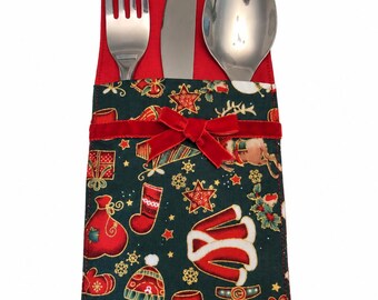 Handmade Christmas Cutlery Holder, Fabric Silverware Pocket, Festive Dining Decoration, Reusable Christmas Table Setting