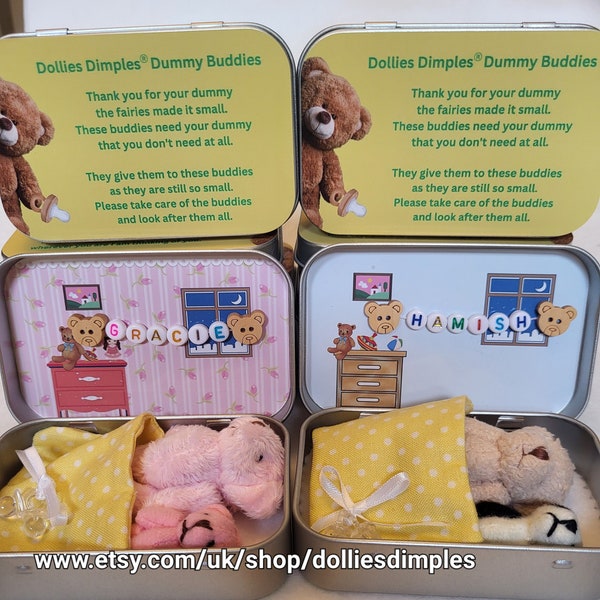 Teddy dummy fairies pocket tin Anxiety giving up dummy support/well done/soother anxiety support/plush teddy/personalised anxiety support
