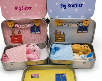 Hello Big Brother Sister Sibling Reveal Baby Gift Tin: Teddy Bear Keepsake