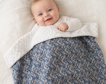 Liberty Marguerite Baby Pram Blanket | Blue Cotton, white Dimple Fleece, Reversible Pushchair Cover