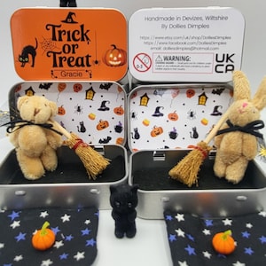 Halloween Teddy & Cat in 9cm Tin: Glow-in-Dark Blanket, Broomstick