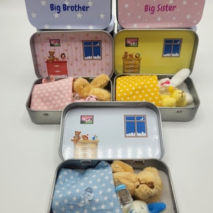 Baby to sibling gift/gift for big sister hello big brother personalised teddy reveal gift teddy pocket tin/gender reveal to older sibling/