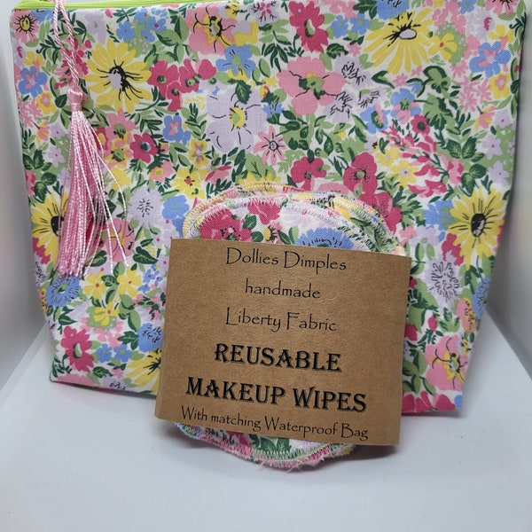 Liberty fabric waterproof wash bag with cosmetic face wipes, zipped waterproof cosmetic make up bag with wipes, reusable face wipes and bag