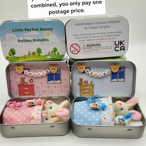 Bunny Easter Plush mummy and baby bunnies in Pocket Tin: role play sibling Gift,