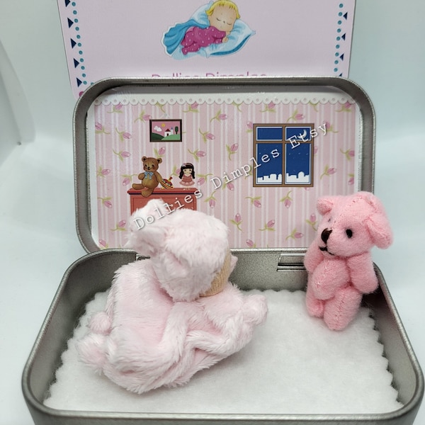 dolly in pocket tin/ baby reveal/ pocket friend/family role play/ secret in your pocket/doll and teddy bear/dollhouse doll/pink or blue