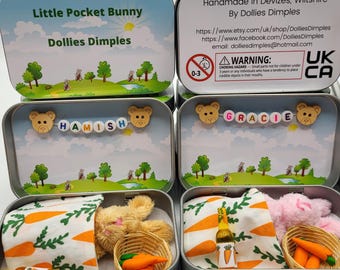 Toy Bunny fluffy Plush in Pocket Tin: Miniature role play