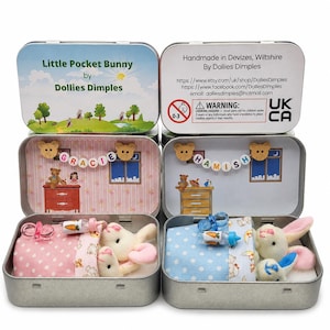 Bunny Plush mummy and baby bunnies in Pocket Tin: role play sibling Gift,