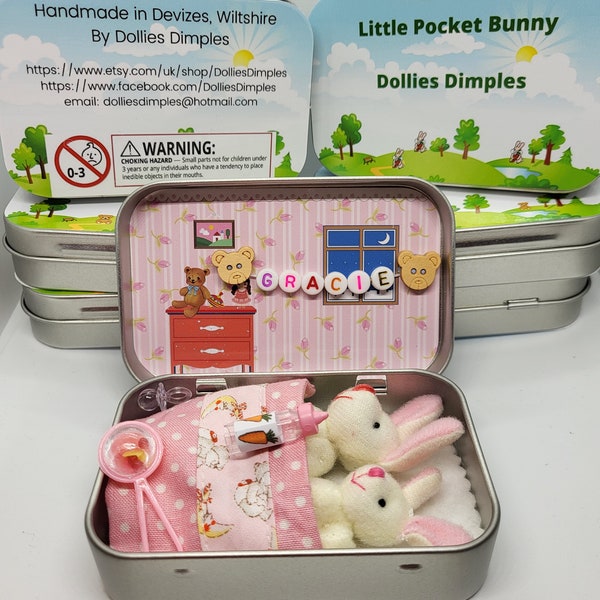 Bunny mummy tiny plush pocket tin/bunny spring gift/ mummy baby bunny/anxiety pocket tin/cute bunnies/summer gift/chocolate free easter gift