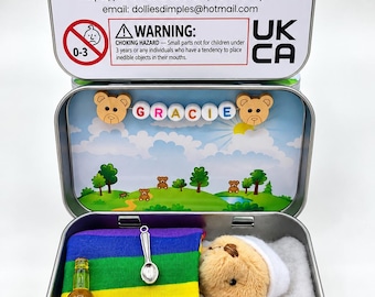 Poorly Teddy Pocket Tin, Teddy Doctor Set, Comfort Keepsake, Rainbow Blanket Gift