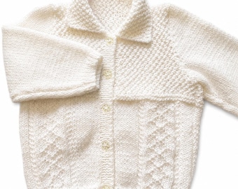 Hand knitted white baby matinee cardigan gender neutral