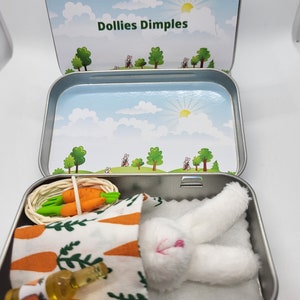 Bunny plush pocket bunny/picnic basket carrots tin/pocket tin/anxiety pocket hug/bunny gift/spring or Birthday gift cute fluffy rabbit bunny