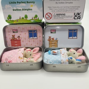 Bunny mummy tiny fluffy plush pocket tin/bunny gift/mummy baby bunny/anxiety gift tin/cute bunnies Easter gift/chocolate free birthday tin