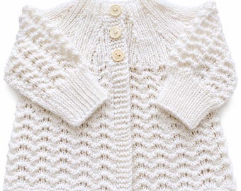 Hand Knitted Baby Cardigan, White Matinee Cardigan, 0-3 Month Newborn Gift