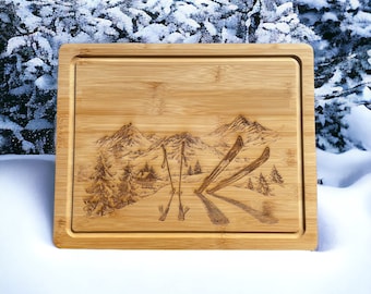 Ski scene and mountains engraved cutting / charcuterie board! Bamboo with a juice groove. Perfect unique gift for skiers! Free shipping!