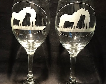 Horse wine glass! 2 engraved Horse lovers wine glasses! Woman and horse! Etched glassware!