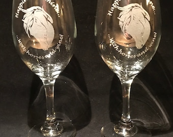 Horse wine glass! 2 engraved Horse lovers wine glasses! Etched glassware!