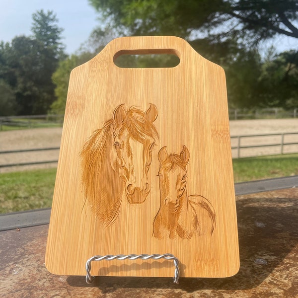 Mare and Foal bamboo engraved etched Horse Cutting Board! Charcuterie Board FREE SHIPPING!!! Unique Gift!