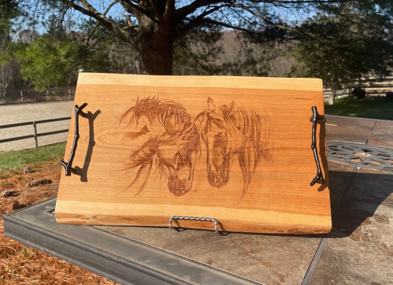 Cherry Live Edge Charcuterie Tray with beautiful horse engraving! FREE SHIPPING!