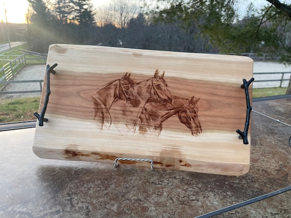 Cherry Live Edge Charcuterie Tray with beautiful horse engraving! FREE SHIPPING!