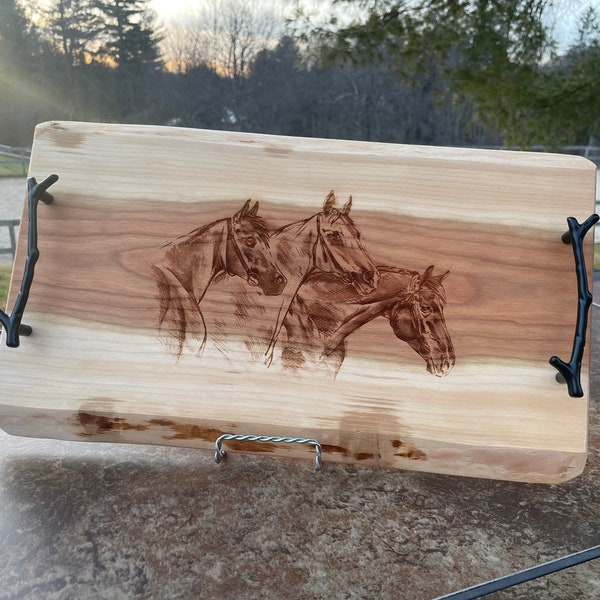 Cherry Live Edge Charcuterie Tray with beautiful horse engraving! FREE SHIPPING!