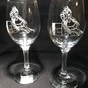 2 barrel racing horse lovers engraved wine glasses! Barrel Racer! Etched glassware!