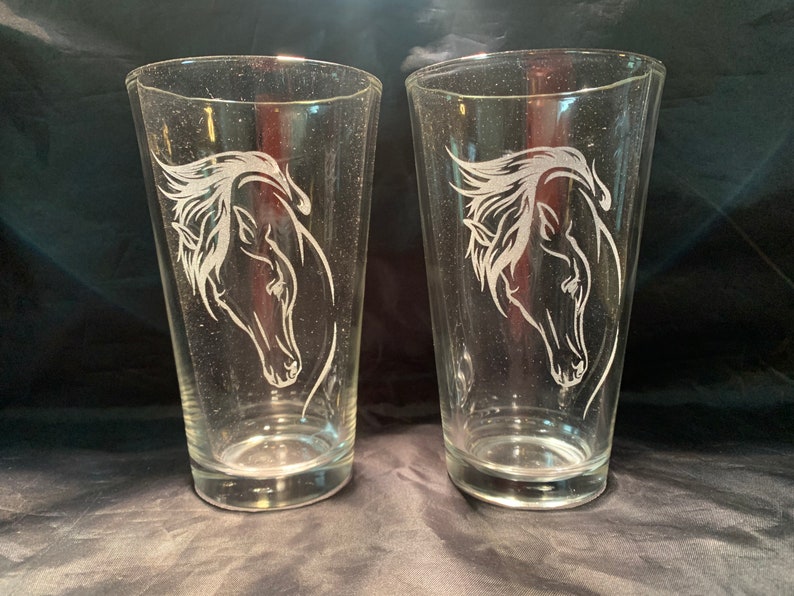 2 horse lovers engraved pint glasses or water glasses!