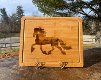 Friesian horse design engraved cutting / charcuterie board! Bamboo with a juice groove. Perfect unique gift for Horse lovers! Free shipping!