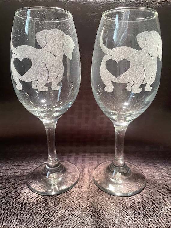 Dachshund Wine Glass! 2 Dachshund design regular or stemless etched  engraved wine glasses!