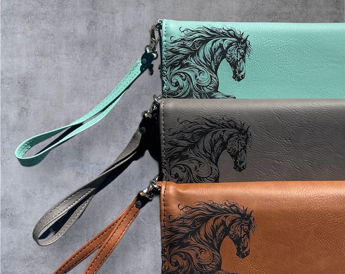 Horse Rustic Wallet, Leatherette Farm wristlet, Western clutch, Teal Grey or Brown Money Purse, Artistic design Ranch Card Billfold.