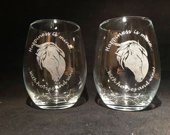 Horse wine glass! 2 engraved Horse lovers stemless wine glasses!