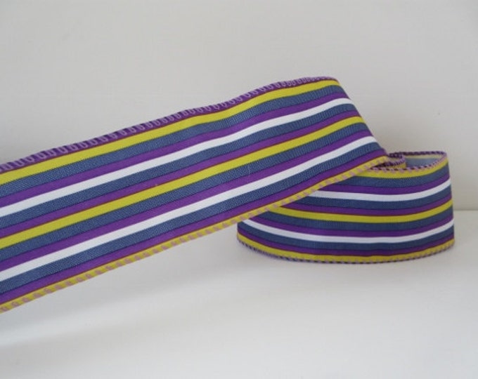 Purple and Yellow Stripe Navy Ribbon Wired 2 12 inch wide Multicolor Wreath Ribbon Gift Basket Floral Arrangement Party Decor lr069